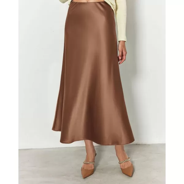 BTFBM 2024 Women Long Satin Summer Spring Skirt Silk Elegant High Waist Cocktail Party Wedding Flared ALine Midi SkirtsSolid Coffee
