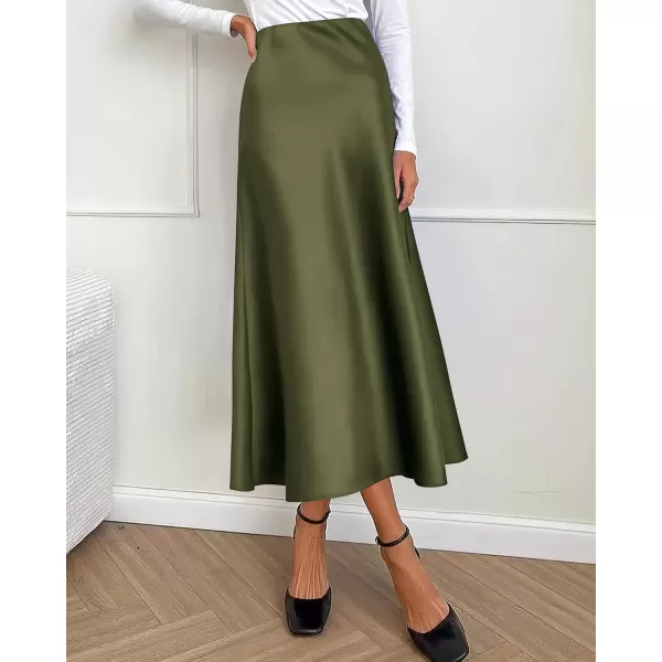 BTFBM 2024 Women Long Satin Summer Spring Skirt Silk Elegant High Waist Cocktail Party Wedding Flared ALine Midi SkirtsSolid Light Army Green
