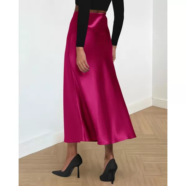 BTFBM 2024 Women Long Satin Summer Spring Skirt Silk Elegant High Waist Cocktail Party Wedding Flared ALine Midi SkirtsSolid Rose Red