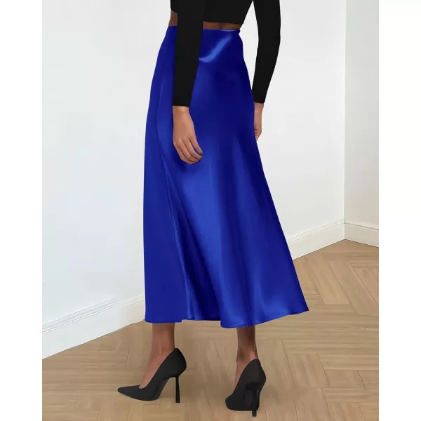 BTFBM 2024 Women Long Satin Summer Spring Skirt Silk Elegant High Waist Cocktail Party Wedding Flared ALine Midi SkirtsSolid Royal Blue