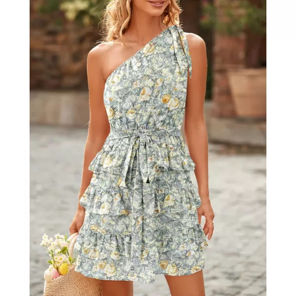 BTFBM 2024 Women One Shoulder Casual Summer Dresses Floral Boho High Waist Beach Ruffle Tiered A Line Flowy Mini DressFloral Green