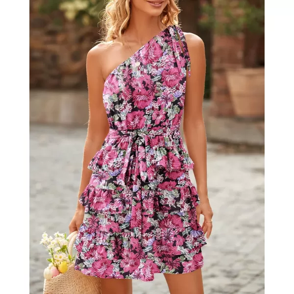 BTFBM 2024 Women One Shoulder Casual Summer Dresses Floral Boho High Waist Beach Ruffle Tiered A Line Flowy Mini DressFloral Pink Black