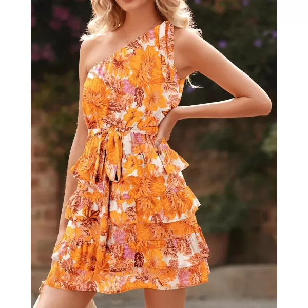 BTFBM 2024 Women One Shoulder Casual Summer Dresses Floral Boho High Waist Beach Ruffle Tiered A Line Flowy Mini DressFloral Yellow White