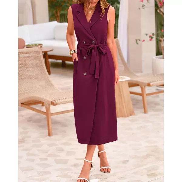 BTFBM Casual Business Dress 2024 Summer Work Office Lapel V Neck Slit Belted Sleeveless Button Down Dresses with PocketsSolid Wine Red