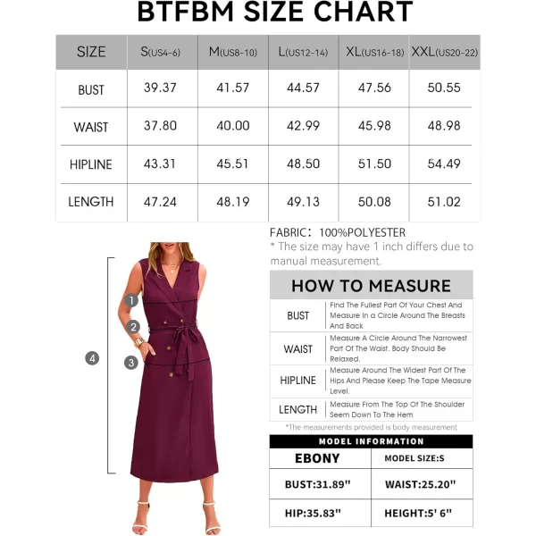 BTFBM Casual Business Dress 2024 Summer Work Office Lapel V Neck Slit Belted Sleeveless Button Down Dresses with PocketsSolid Wine Red