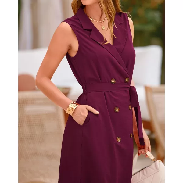 BTFBM Casual Business Dress 2024 Summer Work Office Lapel V Neck Slit Belted Sleeveless Button Down Dresses with PocketsSolid Wine Red