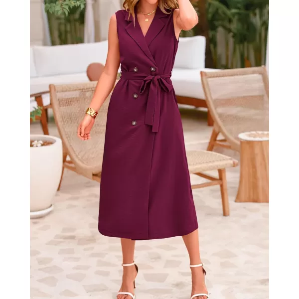 BTFBM Casual Business Dress 2024 Summer Work Office Lapel V Neck Slit Belted Sleeveless Button Down Dresses with PocketsSolid Wine Red