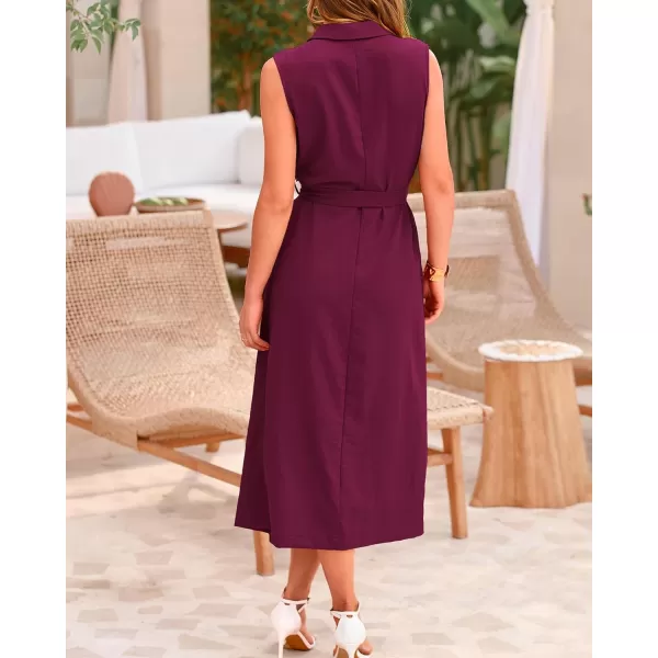 BTFBM Casual Business Dress 2024 Summer Work Office Lapel V Neck Slit Belted Sleeveless Button Down Dresses with PocketsSolid Wine Red