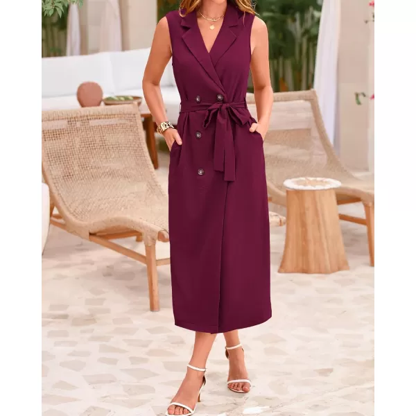 BTFBM Casual Business Dress 2024 Summer Work Office Lapel V Neck Slit Belted Sleeveless Button Down Dresses with PocketsSolid Wine Red