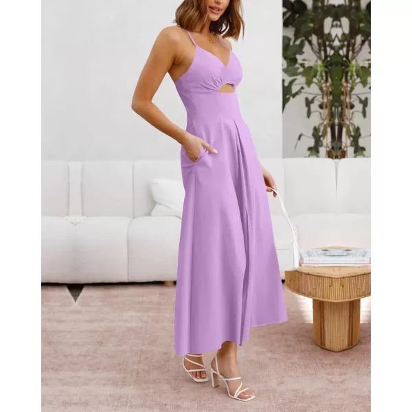 BTFBM Women 2024 Summer Spaghetti Strap Dress Sleeveless V Neck Cutout Slit Casual Beach Party Maxi Dresses with PocketsSolid Light Purple