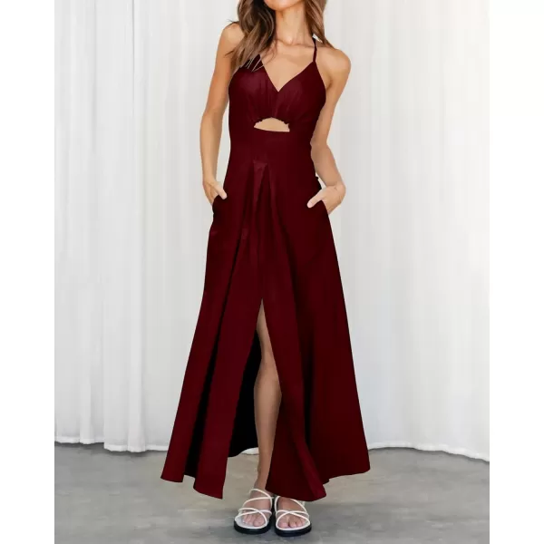 BTFBM Women 2024 Summer Spaghetti Strap Dress Sleeveless V Neck Cutout Slit Casual Beach Party Maxi Dresses with PocketsSolid Wine Red