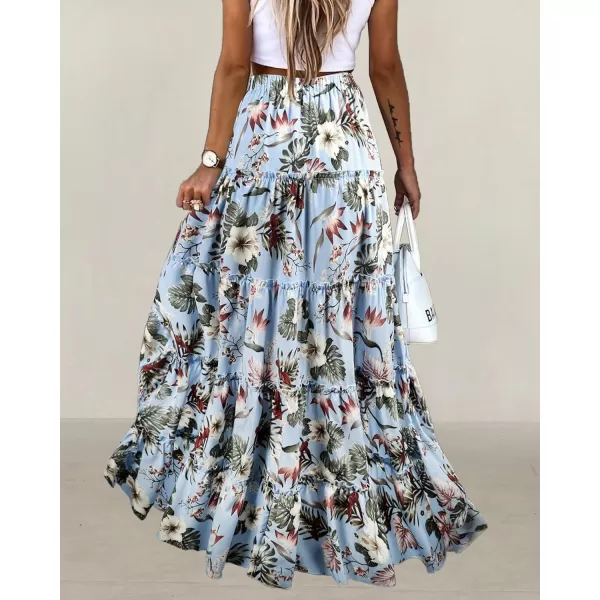 BTFBM Women 2024 Summer Spring Boho Long Skirts Dress Floral Print Elastic Waist Split Ruffle High Low Beach Maxi SkirtFloral Light Blue