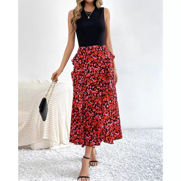BTFBM Women Casual Sleeveless Summer Dresses 2024 Spring Crewneck Patchwork Boho Floral Ruffle Cocktail Party Midi DressFloral Red