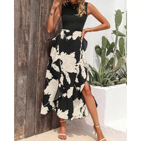 BTFBM Women Casual Sleeveless Summer Dresses 2024 Spring Crewneck Patchwork Boho Floral Ruffle Cocktail Party Midi DressWhite Floral Black