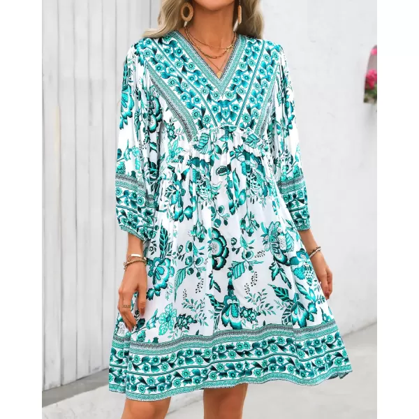 BTFBM Women Casual Spring Summer Dresses V Neck 34 Long Sleeve Ruffle Floral Flowy Boho Babydoll Mini Short Beach DressFloral White Blue
