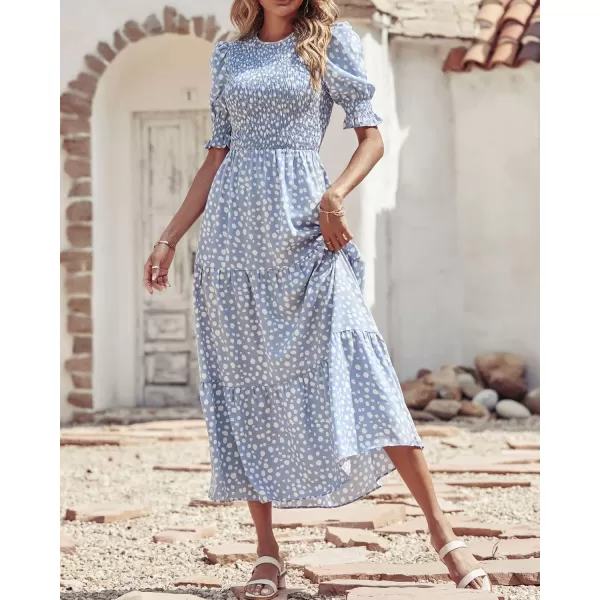BTFBM Women Casual Summer Dresses 2024 Spring Crew Neck Ruffle Short Sleeve Floral Print Smocked Boho Flowy Maxi DressDot Blue White