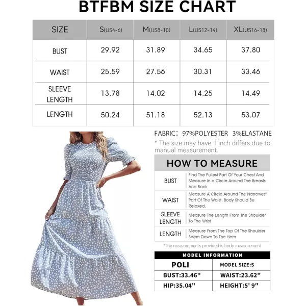 BTFBM Women Casual Summer Dresses 2024 Spring Crew Neck Ruffle Short Sleeve Floral Print Smocked Boho Flowy Maxi DressDot Blue White