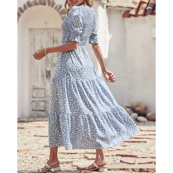 BTFBM Women Casual Summer Dresses 2024 Spring Crew Neck Ruffle Short Sleeve Floral Print Smocked Boho Flowy Maxi DressDot Blue White