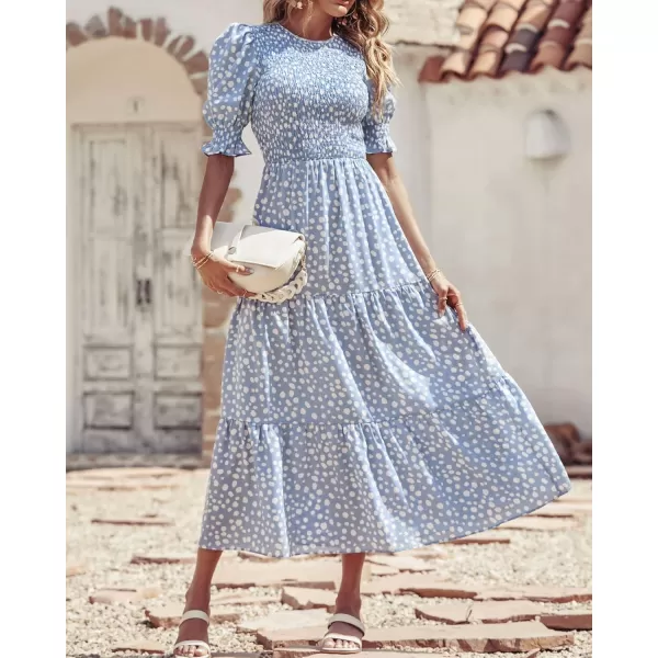 BTFBM Women Casual Summer Dresses 2024 Spring Crew Neck Ruffle Short Sleeve Floral Print Smocked Boho Flowy Maxi DressDot Blue White