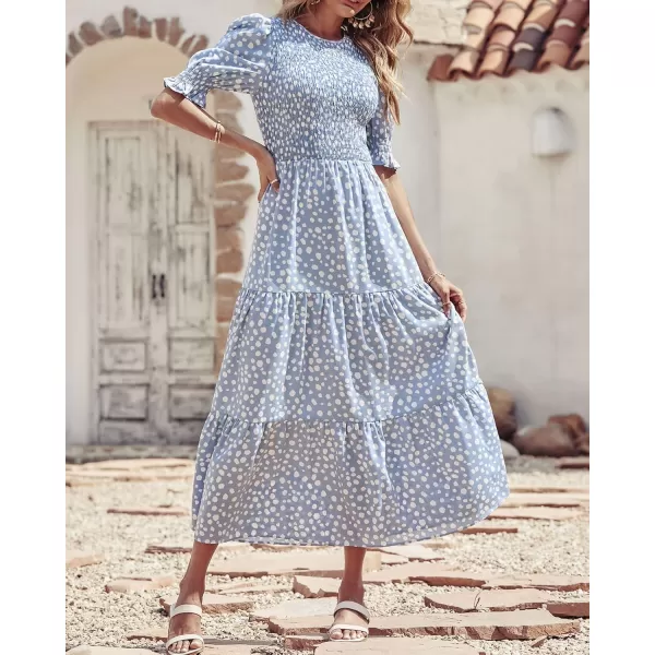 BTFBM Women Casual Summer Dresses 2024 Spring Crew Neck Ruffle Short Sleeve Floral Print Smocked Boho Flowy Maxi DressDot Blue White