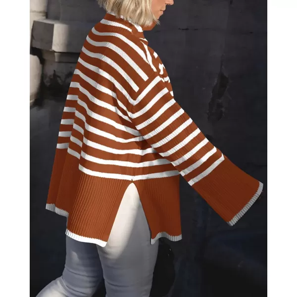 BTFBM Women Casual Turtleneck Striped Sweater 2024 Fall Winter Jumper Tops Long Sleeve Side Slit Oversized Knit PulloverStriped Rust Red