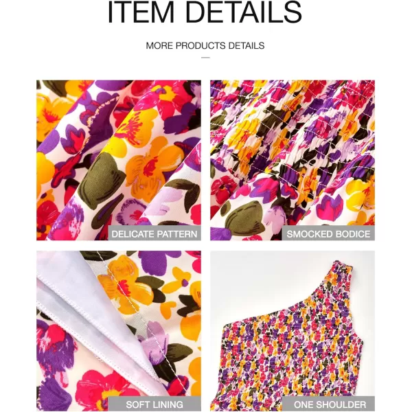 BTFBM Women One Shoulder Summer Dresses 2024 Sleeveless Casual High Waist Floral Flowy Beach Boho Smocked Maxi DressFloral White Purple