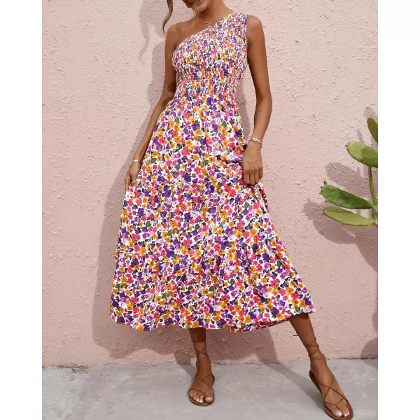 BTFBM Women One Shoulder Summer Dresses 2024 Sleeveless Casual High Waist Floral Flowy Beach Boho Smocked Maxi DressFloral White Purple