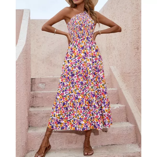 BTFBM Women One Shoulder Summer Dresses 2024 Sleeveless Casual High Waist Floral Flowy Beach Boho Smocked Maxi DressFloral White Purple