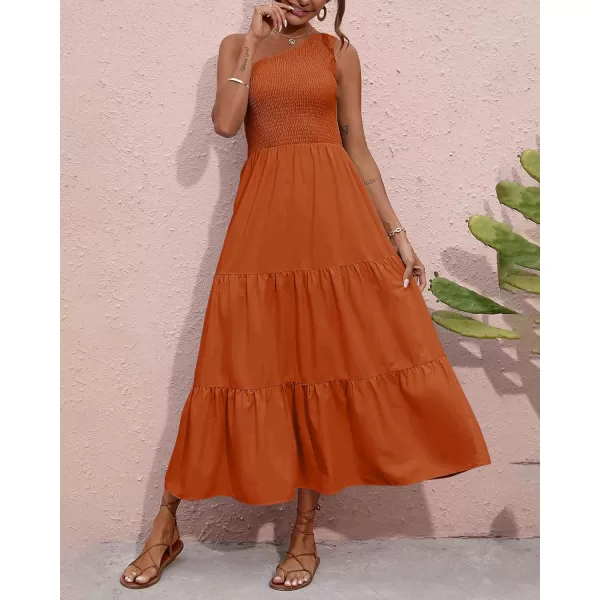 BTFBM Women One Shoulder Summer Dresses 2024 Sleeveless Casual High Waist Floral Flowy Beach Boho Smocked Maxi DressSolid Orange