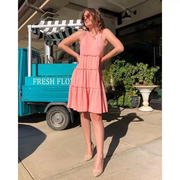 BTFBM Women Sleeveless Summer Dress 2024 Crewneck Ribbed Knit Ruffle Swing Button Down Beach Sun Mini Tank Short DressesTiered Coral Pink