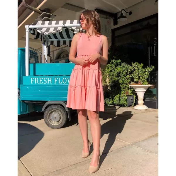 BTFBM Women Sleeveless Summer Dress 2024 Crewneck Ribbed Knit Ruffle Swing Button Down Beach Sun Mini Tank Short DressesTiered Coral Pink