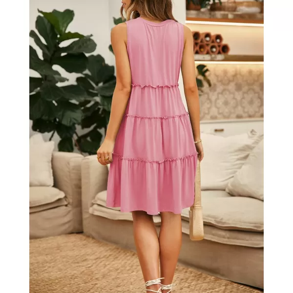 BTFBM Women Sleeveless Summer Dress 2024 Crewneck Ribbed Knit Ruffle Swing Button Down Beach Sun Mini Tank Short DressesTiered Coral Pink