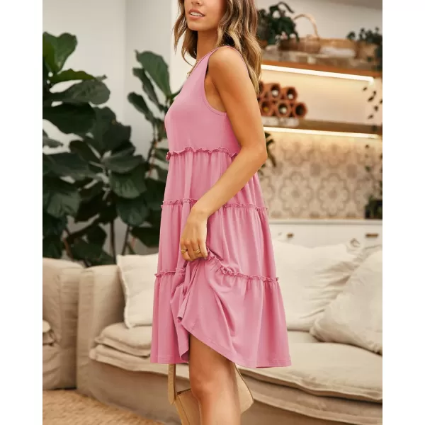 BTFBM Women Sleeveless Summer Dress 2024 Crewneck Ribbed Knit Ruffle Swing Button Down Beach Sun Mini Tank Short DressesTiered Coral Pink