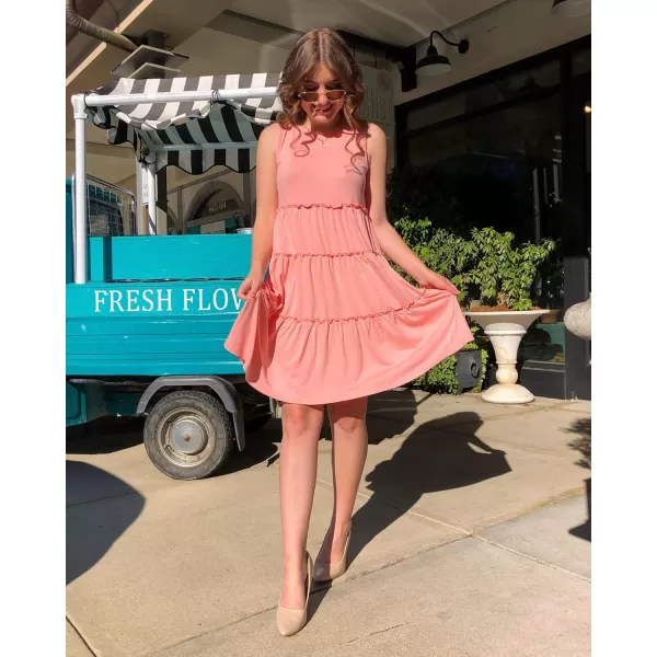 BTFBM Women Sleeveless Summer Dress 2024 Crewneck Ribbed Knit Ruffle Swing Button Down Beach Sun Mini Tank Short DressesTiered Coral Pink