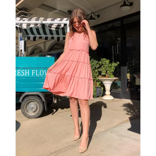 BTFBM Women Sleeveless Summer Dress 2024 Crewneck Ribbed Knit Ruffle Swing Button Down Beach Sun Mini Tank Short DressesTiered Coral Pink
