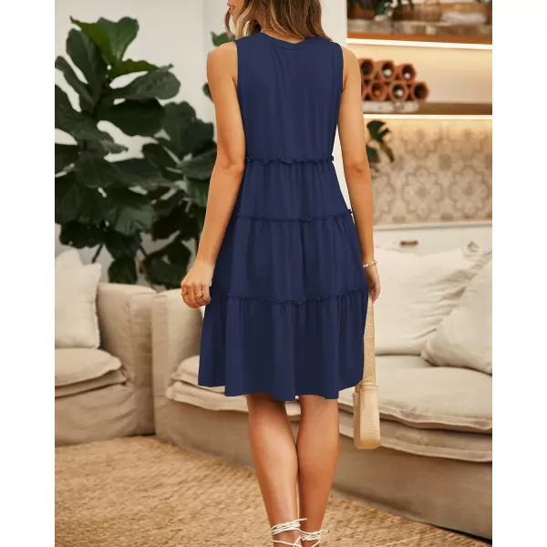 BTFBM Women Sleeveless Summer Dress 2024 Crewneck Ribbed Knit Ruffle Swing Button Down Beach Sun Mini Tank Short DressesTiered Navy