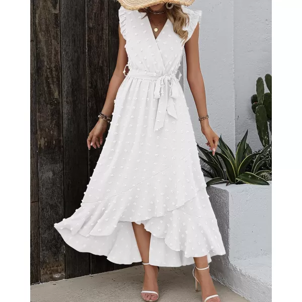 BTFBM Womens 2024 Summer Wrap V Neck Dress Ruffle Sleeve Swiss Dot Boho Ruffle Slit Beach Party Flowy Long Maxi DressesSwiss Dot White