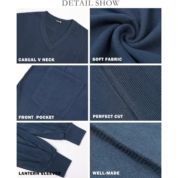 BTFBM Womens Casual V Neck Ribbed Knit Shirts 2024 Fall Pullover Tunic Tops Loose Balloon Long Sleeve Blouses TopSolid Dark Green