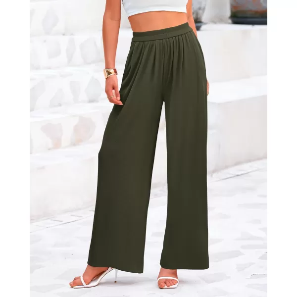BTFBM Womens Casual Wide Leg Pants Summer Fall Clothes Pleated Elastic Waist Loose Palazzo Knit Trousers with PocketsSolid Army Green