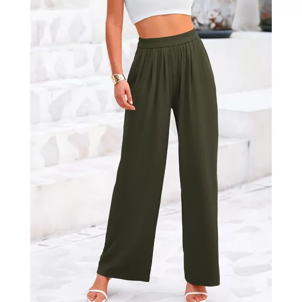 BTFBM Womens Casual Wide Leg Pants Summer Fall Clothes Pleated Elastic Waist Loose Palazzo Knit Trousers with PocketsSolid Army Green