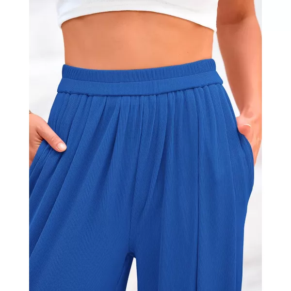 BTFBM Womens Casual Wide Leg Pants Summer Fall Clothes Pleated Elastic Waist Loose Palazzo Knit Trousers with PocketsSolid Blue