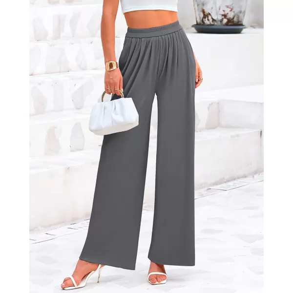 BTFBM Womens Casual Wide Leg Pants Summer Fall Clothes Pleated Elastic Waist Loose Palazzo Knit Trousers with PocketsSolid Grey