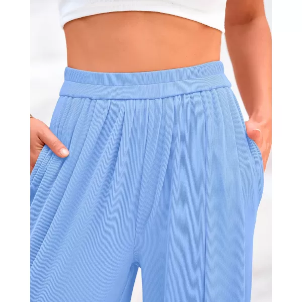 BTFBM Womens Casual Wide Leg Pants Summer Fall Clothes Pleated Elastic Waist Loose Palazzo Knit Trousers with PocketsSolid Light Blue
