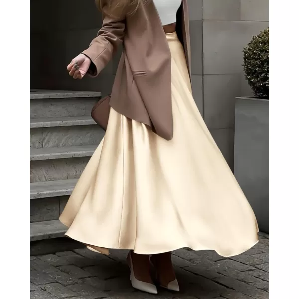 BTFBM Womens Satin High Waist Skirts 2024 Summer Fall Outfits Elegant Cocktail Party Flowy ALine Maxi SkirtSolid Beige