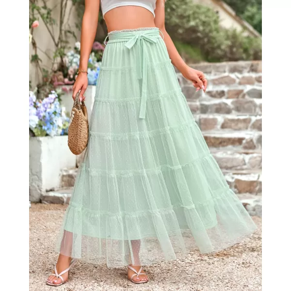 BTFBM Womens Skirts Party Cocktail 2024 Summer Fairy Skirt Elastic Waist Ruffle Tiered ALine Belt Tulle Maxi DressesSolid Light Green
