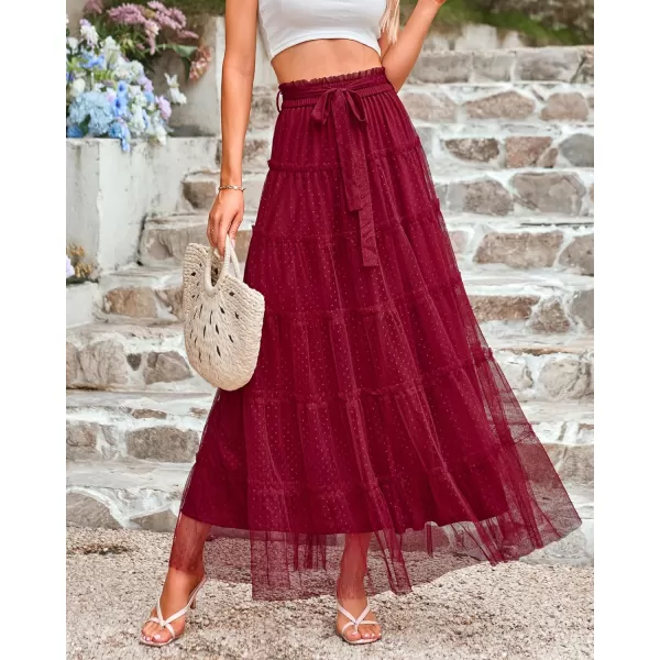 BTFBM Womens Skirts Party Cocktail 2024 Summer Fairy Skirt Elastic Waist Ruffle Tiered ALine Belt Tulle Maxi DressesSolid Wine Red