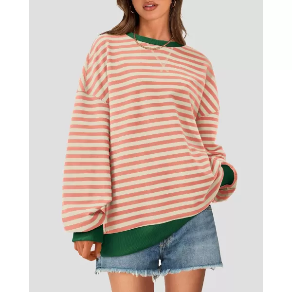 BTFBM Womens Striped Pullover Tops 2024 Fall Clothes Long Lantern Sleeve Soft Loose Crew Neck Y2K SweatshirtsLight Orange Apricot