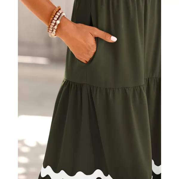 BTFBM Womens Summer Dresses 2024 V Neck Cap Sleeve Ric Rac Loose Tiered ALine Beach Vacation Midi Dress with PocketSolid Army Green