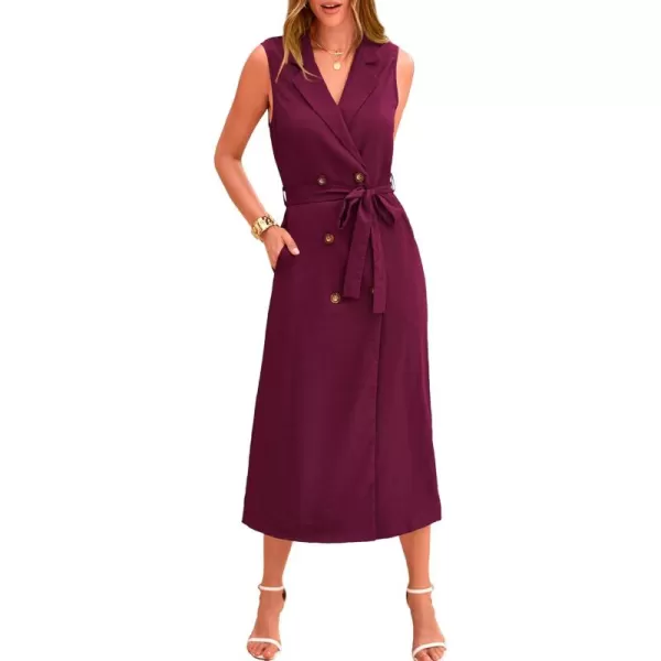 BTFBM Casual Business Dress 2024 Summer Work Office Lapel V Neck Slit Belted Sleeveless Button Down Dresses with PocketsSolid Wine Red