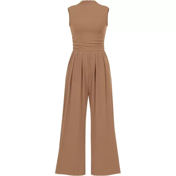 BTFBM One Piece Jumpsuits For Women Dressy Casual Summer Outfits Sleeveless Mock Neck Wide Leg Pants Rompers With PocketSolid Camel